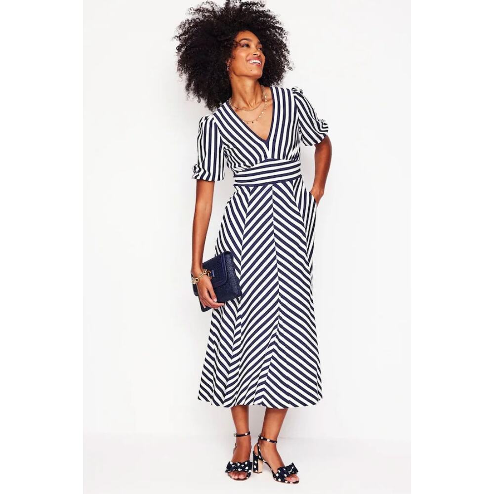 Boden Midi Dress Ponte Panelled Tea Navy Ivory Stripe Puff Sleeve Pockets Sz 6
